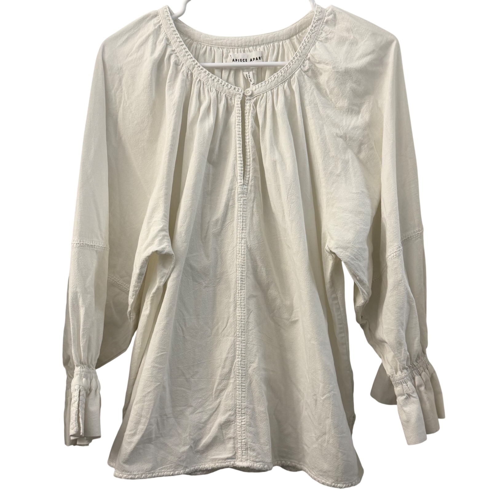 Apiece Apart Cream Cotton Puff Sleeve Peasant Blouse Top Small Split Neck Trim